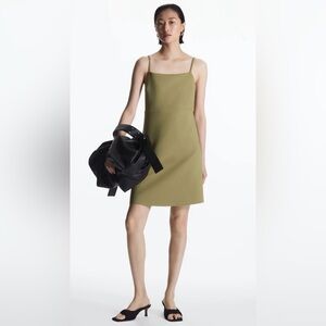 COS Olive Green Open Back Structured Mini Dress Like New 100% Cotton Lined Med